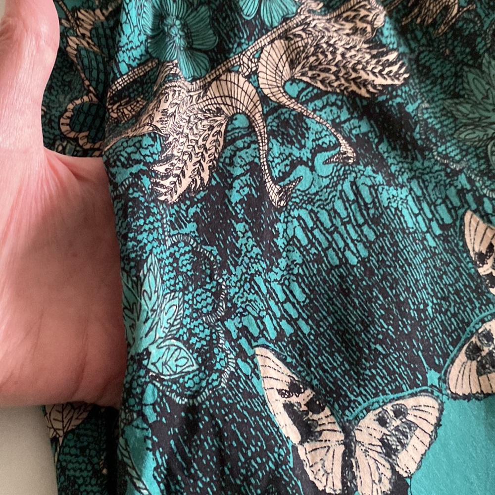 Anthropologie Maeve Silk blend Butterfly Swan Green print Lace top Swing Dress - Picture 10 of 16